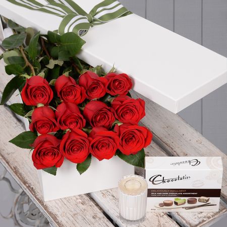 Valentine's Day 12 Red Roses with Chocs & Candle