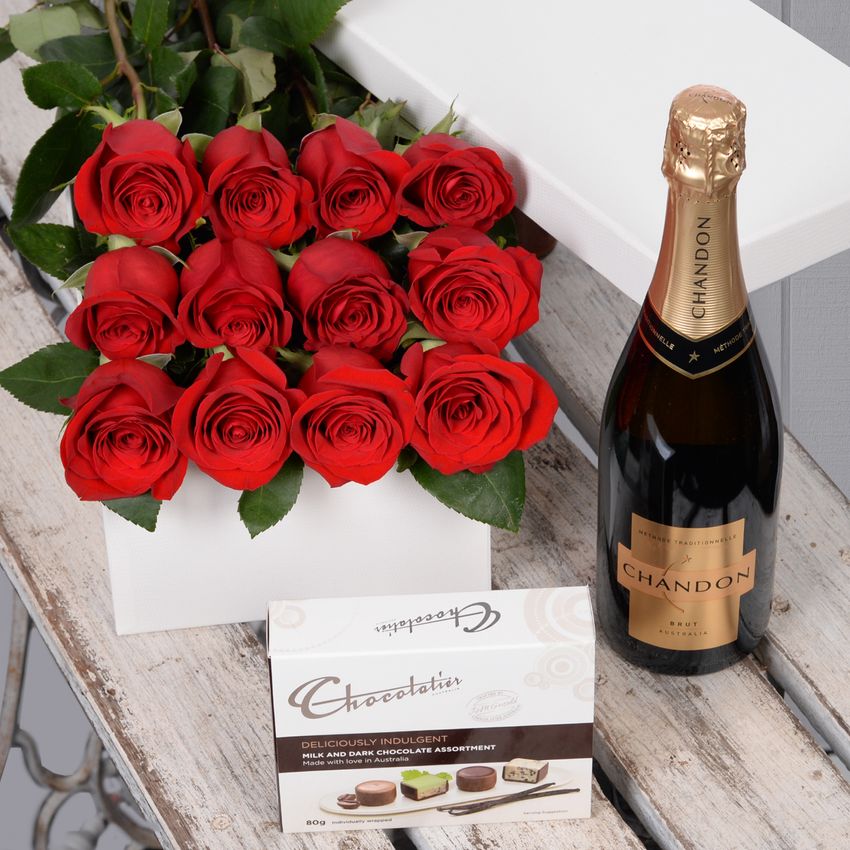 12 Red Roses with Chocs & Chandon