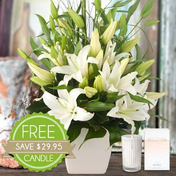 Lush Lilies White with Free Candle Flowers