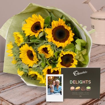Bright Sunflowers with Polaroid and Chocs Flowers