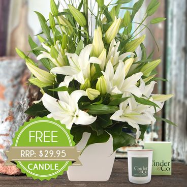 Lush Lilies White with Free Candle Flowers