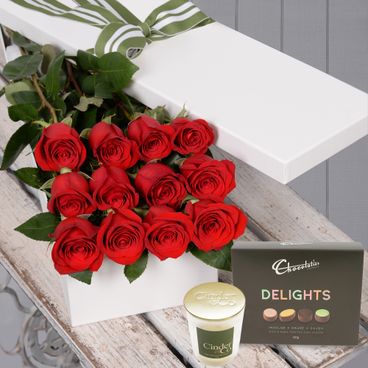 Valentine's Day 12 Red Roses with Chocs & Candle Flowers