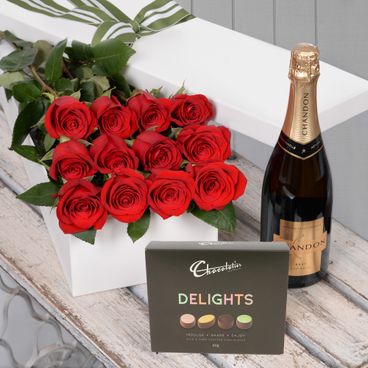 Valentine's Day 12 Red Roses with Chocs & Chandon Flowers