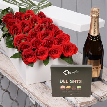 Valentine's Day 24 Red Roses with Chocs & Chandon Flowers