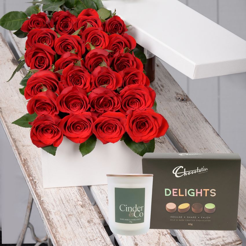 24 Red Roses with Chocs & Candle