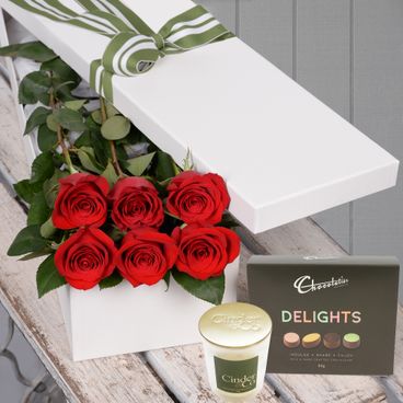 Valentine's Day 6 Red Roses with Chocs & Candle Flowers