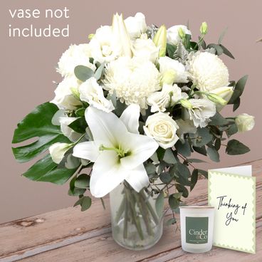 White and Green Bouquet with Card & Candle Flowers