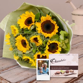 Bright Sunflowers with Polaroid and Chocs Flowers