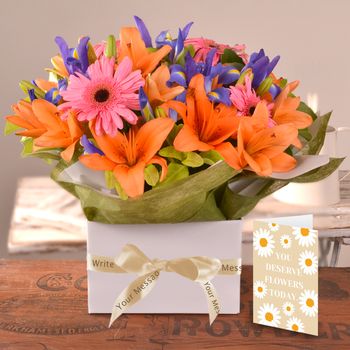 Colourful Box with Card & Personalised Ribbon Flowers