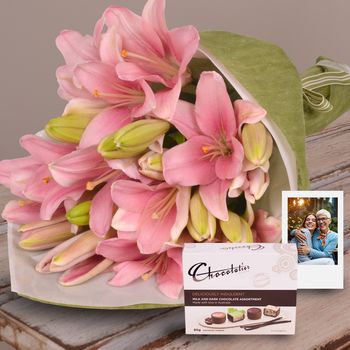 Lilies in Pink With Photo & Chocs Flowers