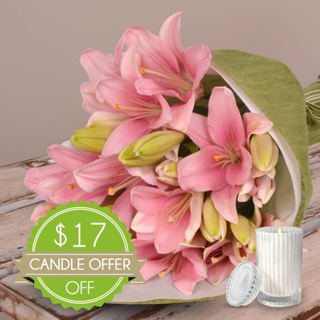 Lilies in Pink With Candle Offer