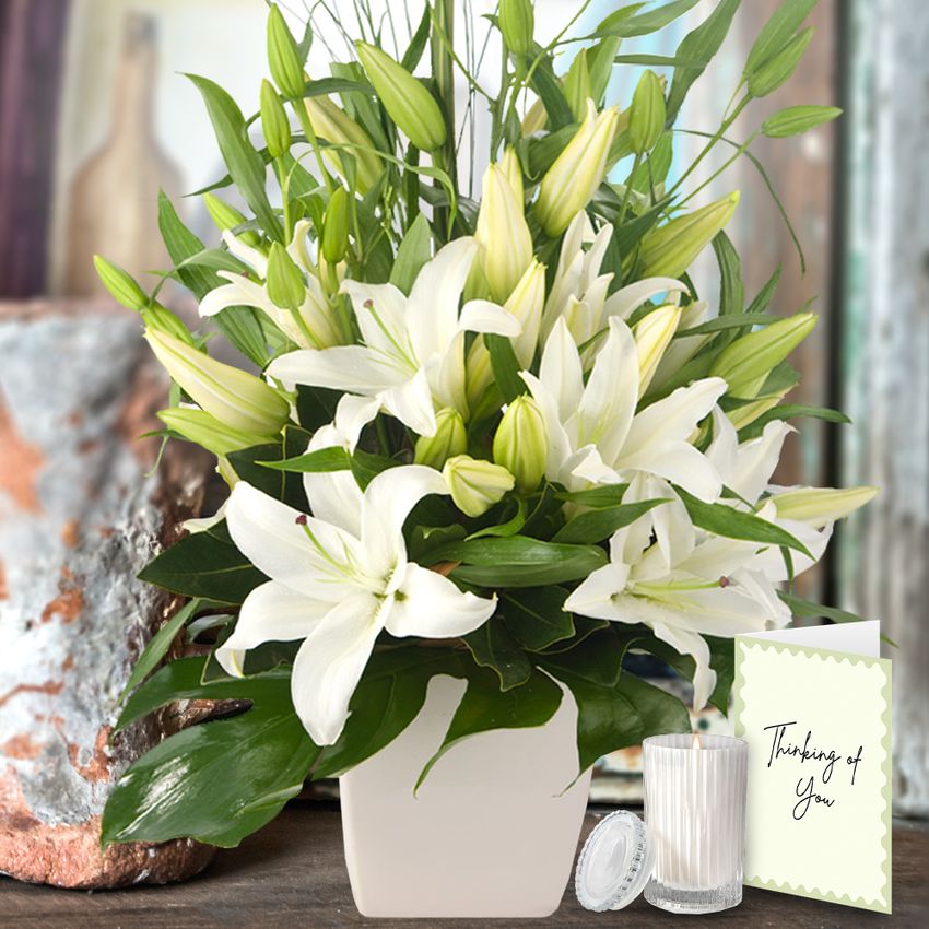 Lush Lilies White with Card and Candle