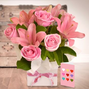 Pink Box with Card & Personalised Ribbon Flowers