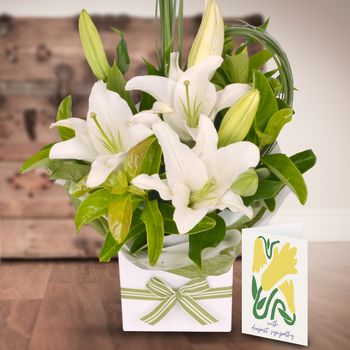 White Oriental with Sympathy Card Flowers